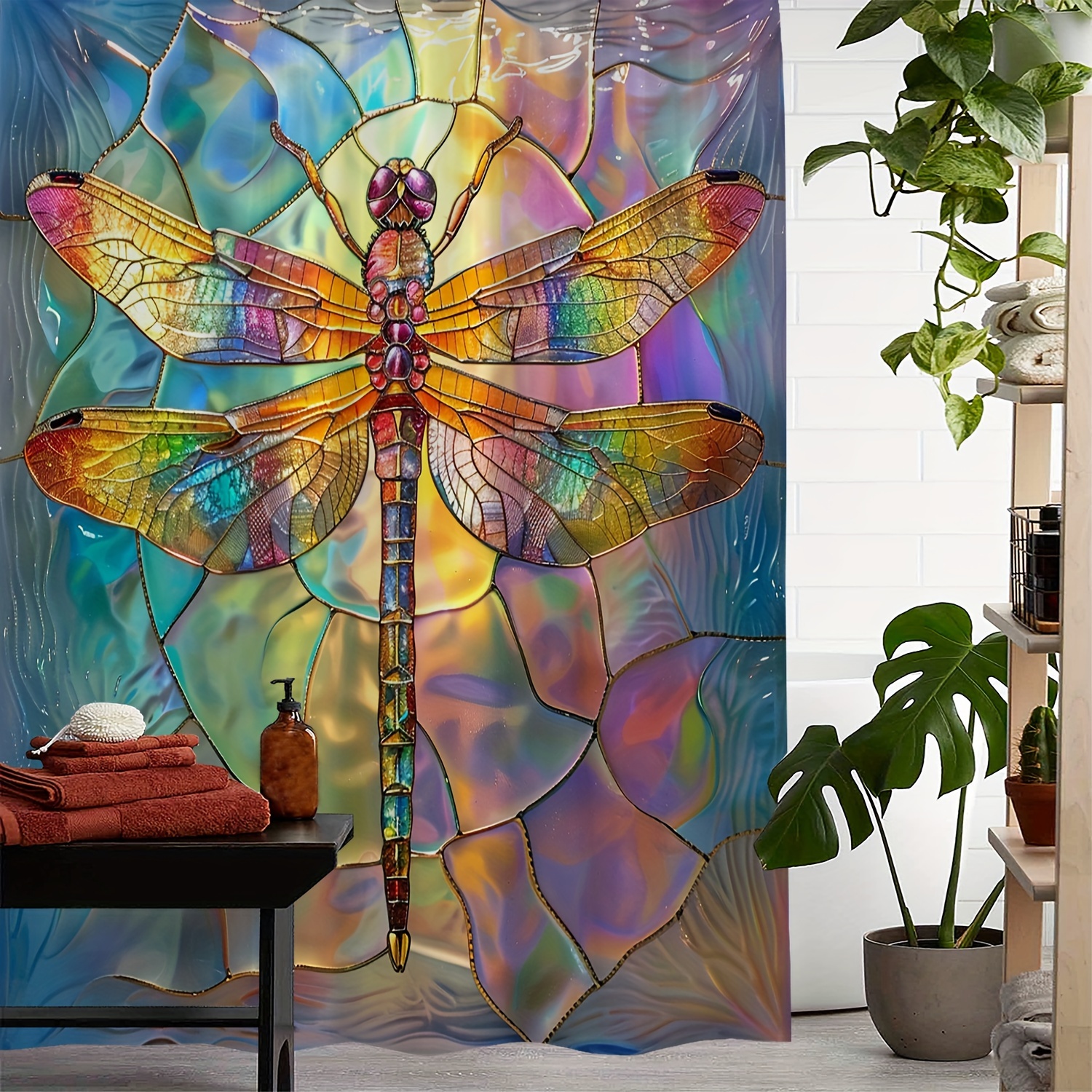 

1 Color Dragonfly Print Waterproof Shower Curtain, Curtain For Windows With 12 Hooks