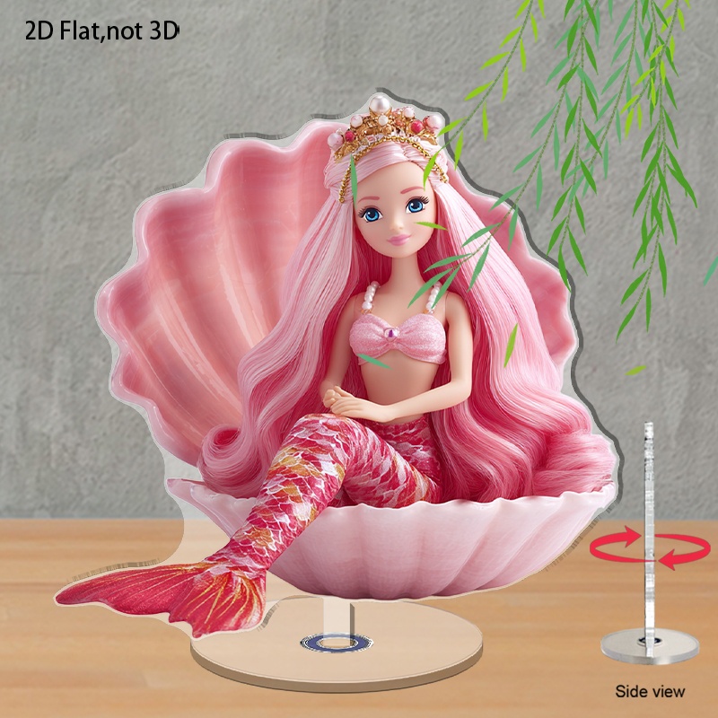 TEMU 2dflat2d Plane Rotating Mermaid Doll, Pink Hair And Seashell Throne - 2d Plane Acrylic Display Card With Base, Red/green Tail And Conch - Room