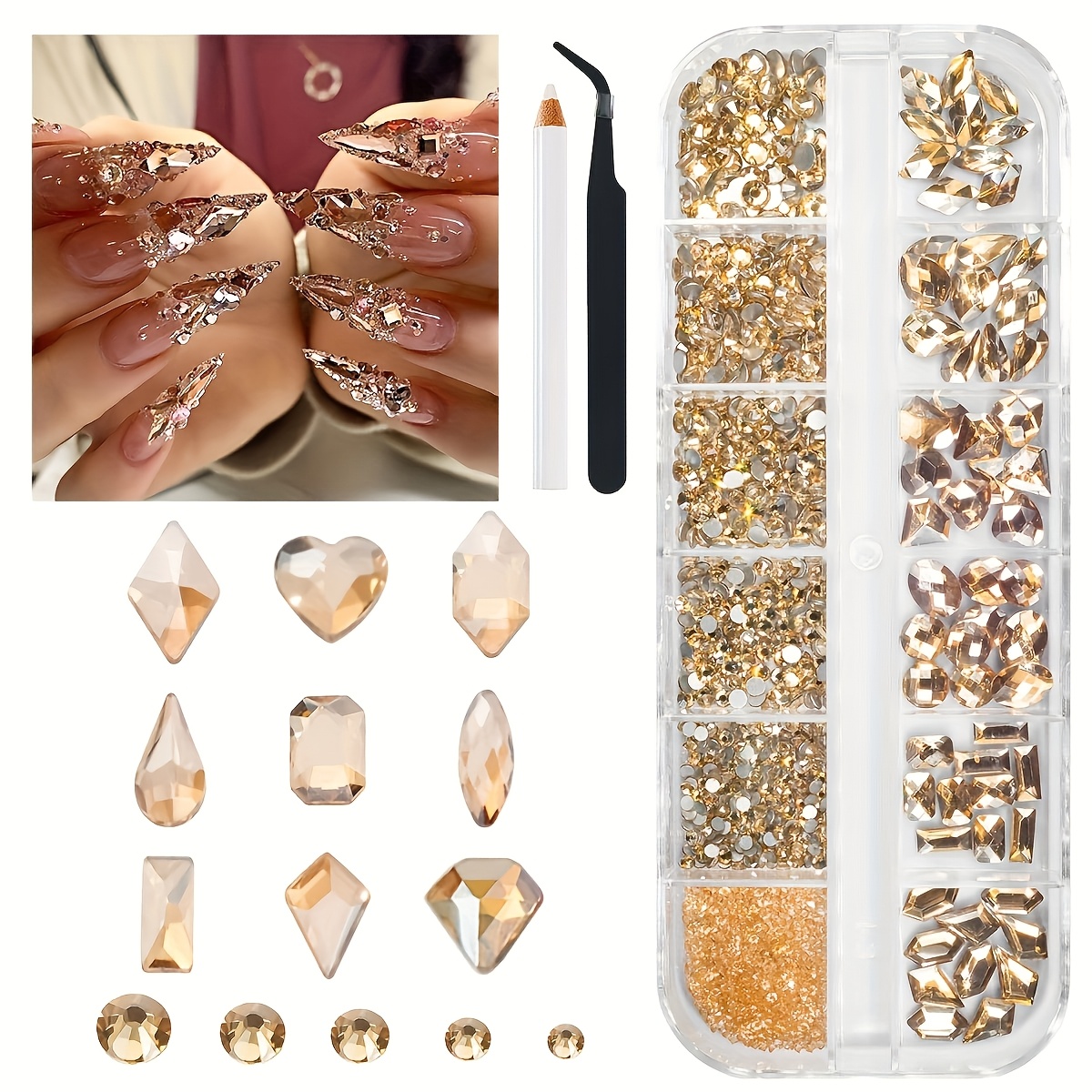 TEMU Kit de Strass pour Ongles Doré Champagne 1300, 60 pièces de dorées à dos plat en cristal de variées +1240 perles rondes en verre diamant avec
