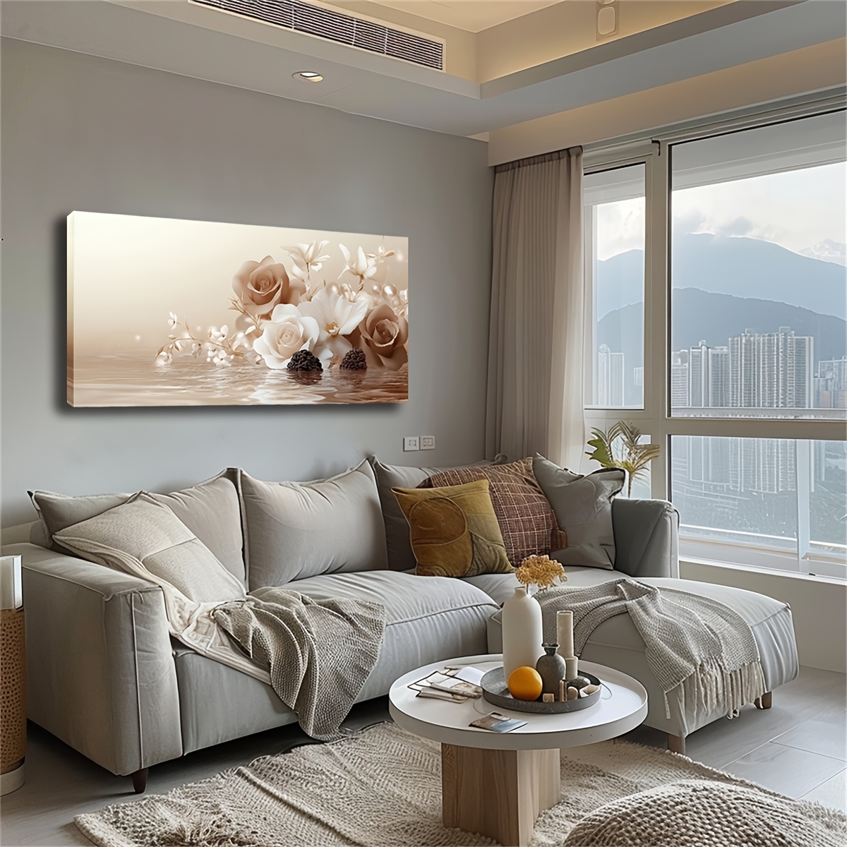 TEMU 2d Flat, 2d Flat, A Large Framed Canvas Decoration In A Realistic Style, Featuring Beige And White Flowers With . Suitable For Decorating Living