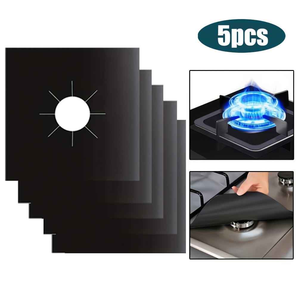 TEMU 5-pack Household Kitchen Teflon Oil And Stain Resistant Stove Mat Protector, Black Silvery Gas Stove Mat Gas Stove Replacement Mat