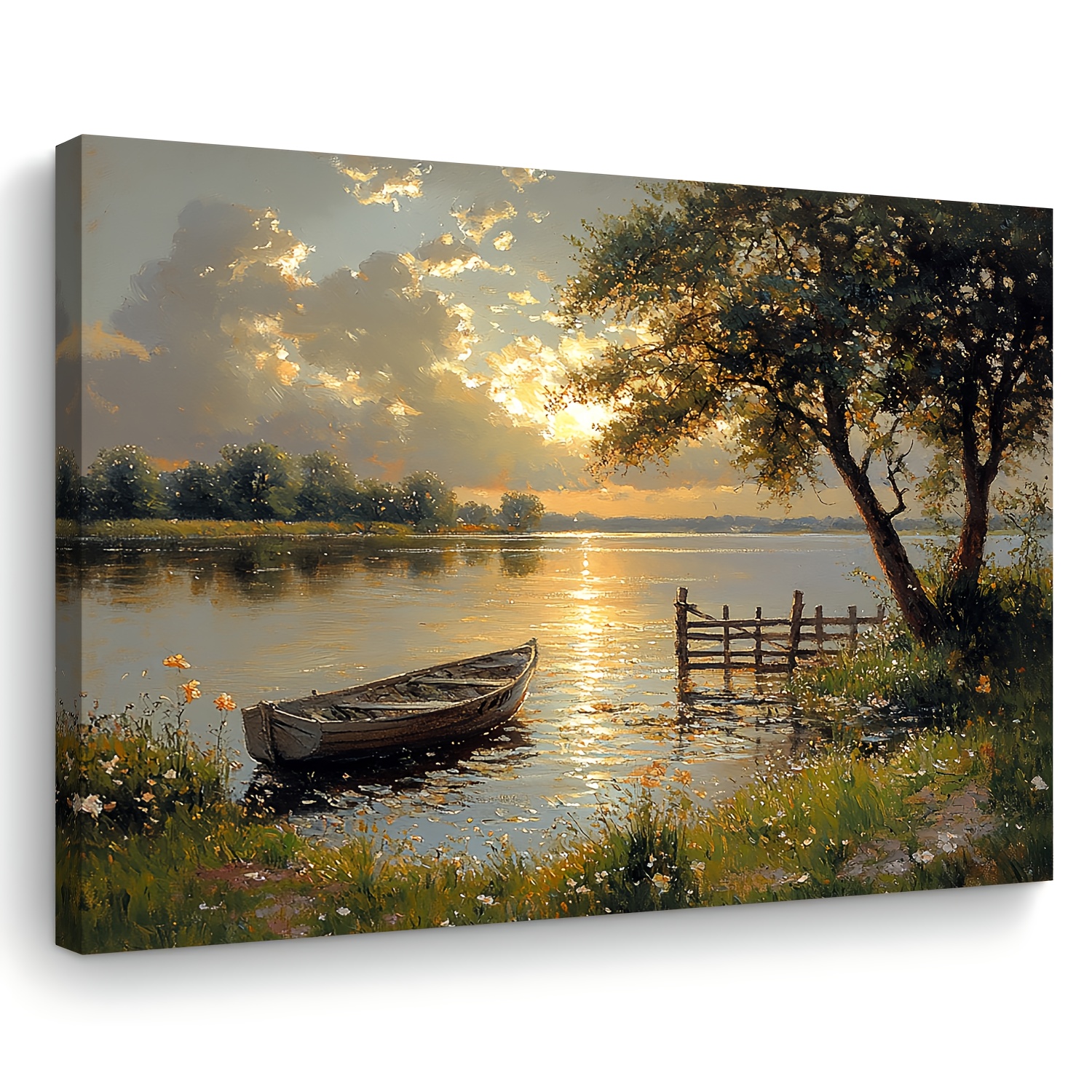 TEMU 2d Flat, 1pc Sunset Lake & Boat Framed Canvas - Wrap-around Wood Frame Suitable For Living Room, Bedroom, Coastal Decor, Modern Minimalist