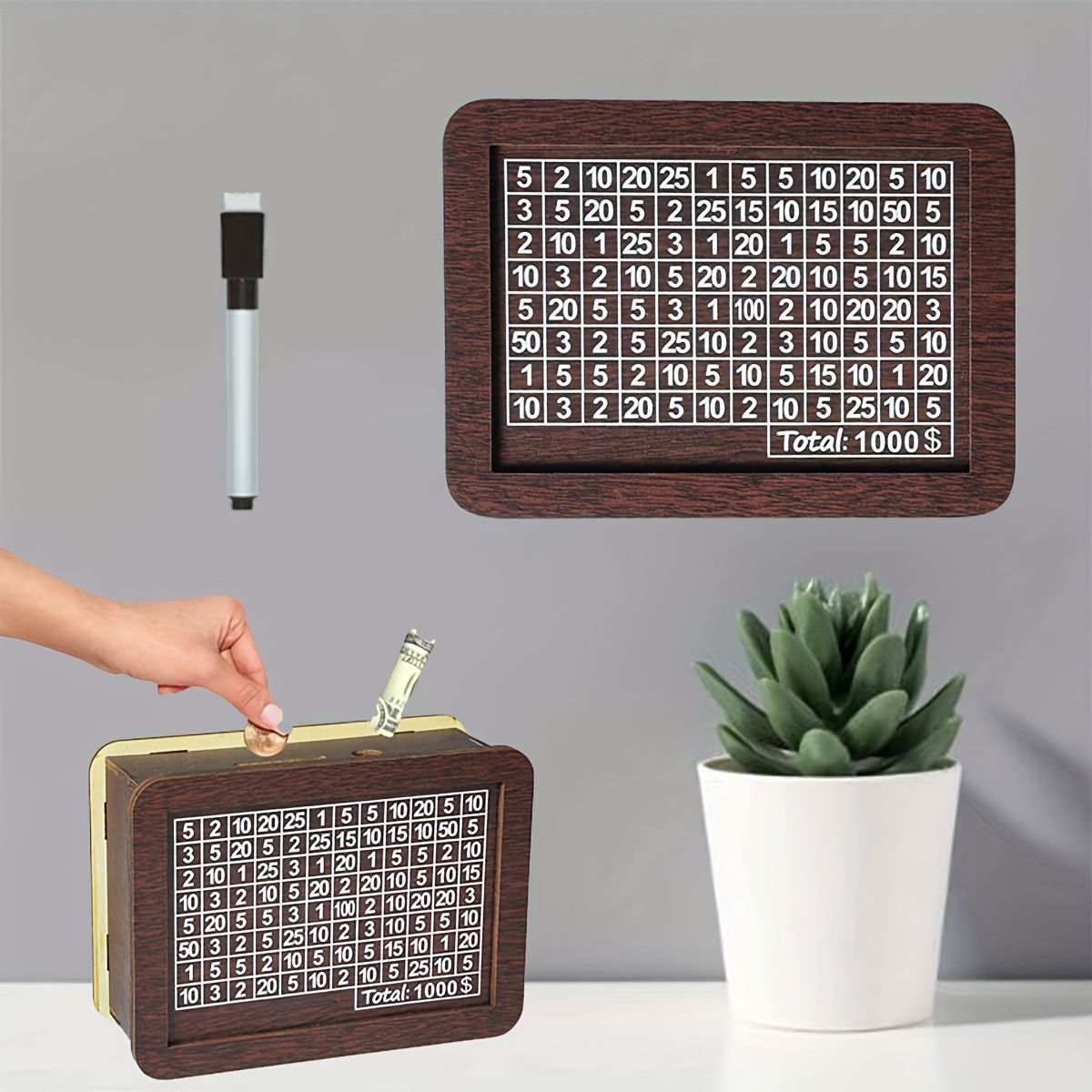 TEMU Wooden Digital Textured Money Bank With A Planning Pen, A Change Storage Box, Suitable For Storing Banknotes And , And A Multifunctional And