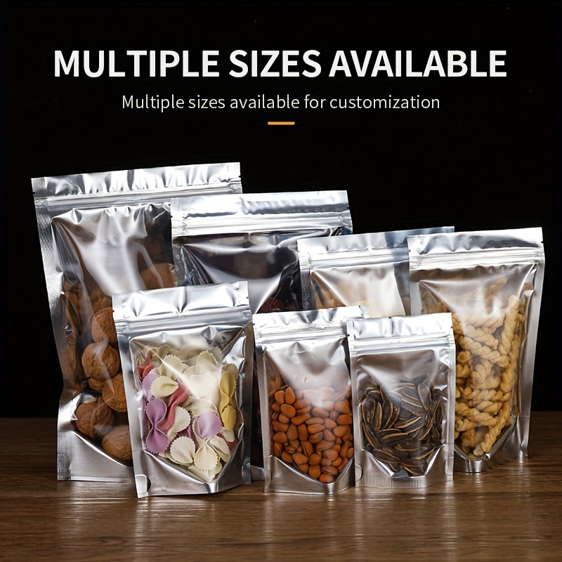 100   aluminum foil stand up bags sealed food grade material for snacks tea dried fruits nuts candy translucent resealable packaging with secure zipper closure snack storage bags standup bag design snack bag best for christmas