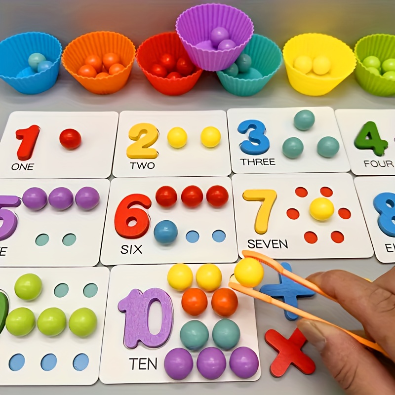 Wooden Arithmetic Bead Game with Tweezers and Cards