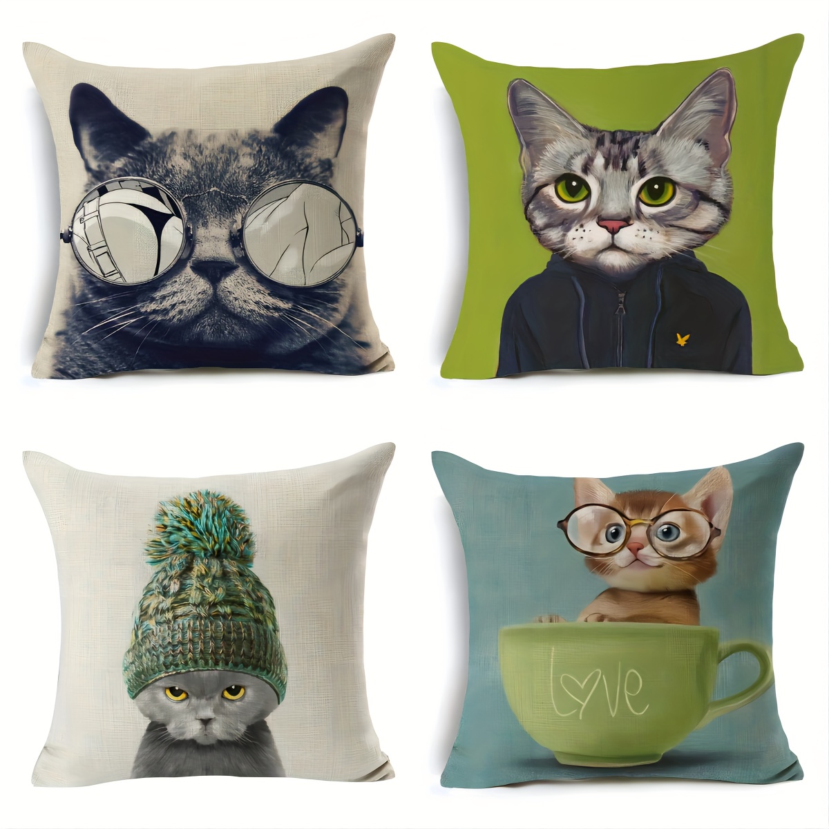 

Contemporary 4-piece Cartoon Cat Throw Pillow Covers Set, 18x18 Inch, Polyester, Zipper Closure, Machine Washable For Living Room Decor – Cute Feline Illustration Non-woven Fabric Pillowcases