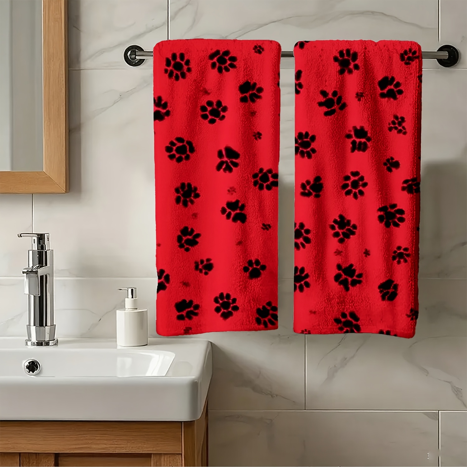 TEMU A Set Of 1/2 Towels With A Red Background And Print Design, Home Use. Unisex Hair Care Accessory, Essential For Healthy Towels In Family Dorms