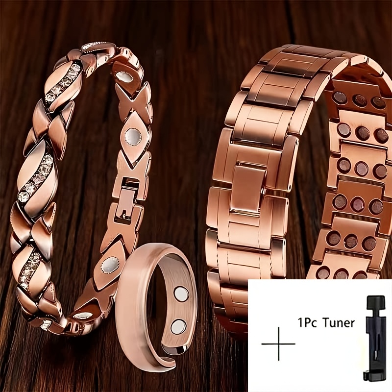 TEMU 3pcs Set Of Men's And Women's Magnetic Bracelets And Rings - Durable Copper Bracelet With Size Tools Included - For Couples, Father's
