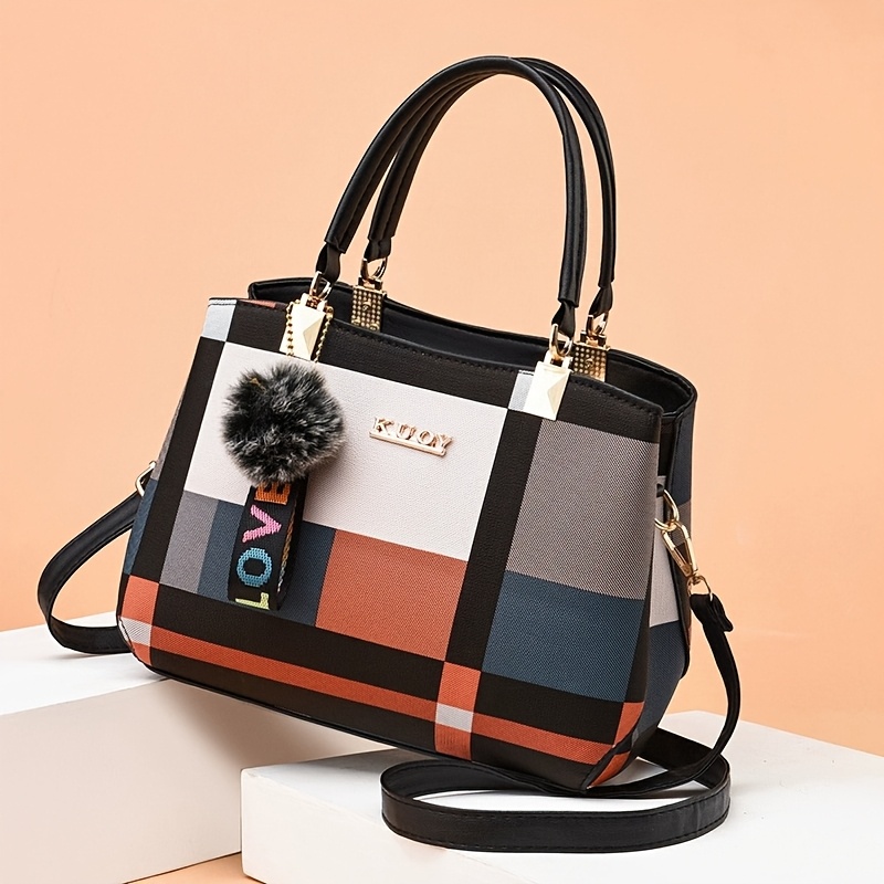 

Elegant : Black And Colorful Checkered Handbag With Removable Strap And Zipper Closure - Day Gift