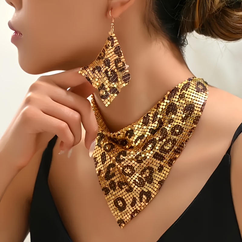 E-shop Edles Retro-Leopardenmuster Halskette und Ohrringe mit Glitzer und Metall--Kragen, Damen-Schmuck für Partys und besondere Anlässe