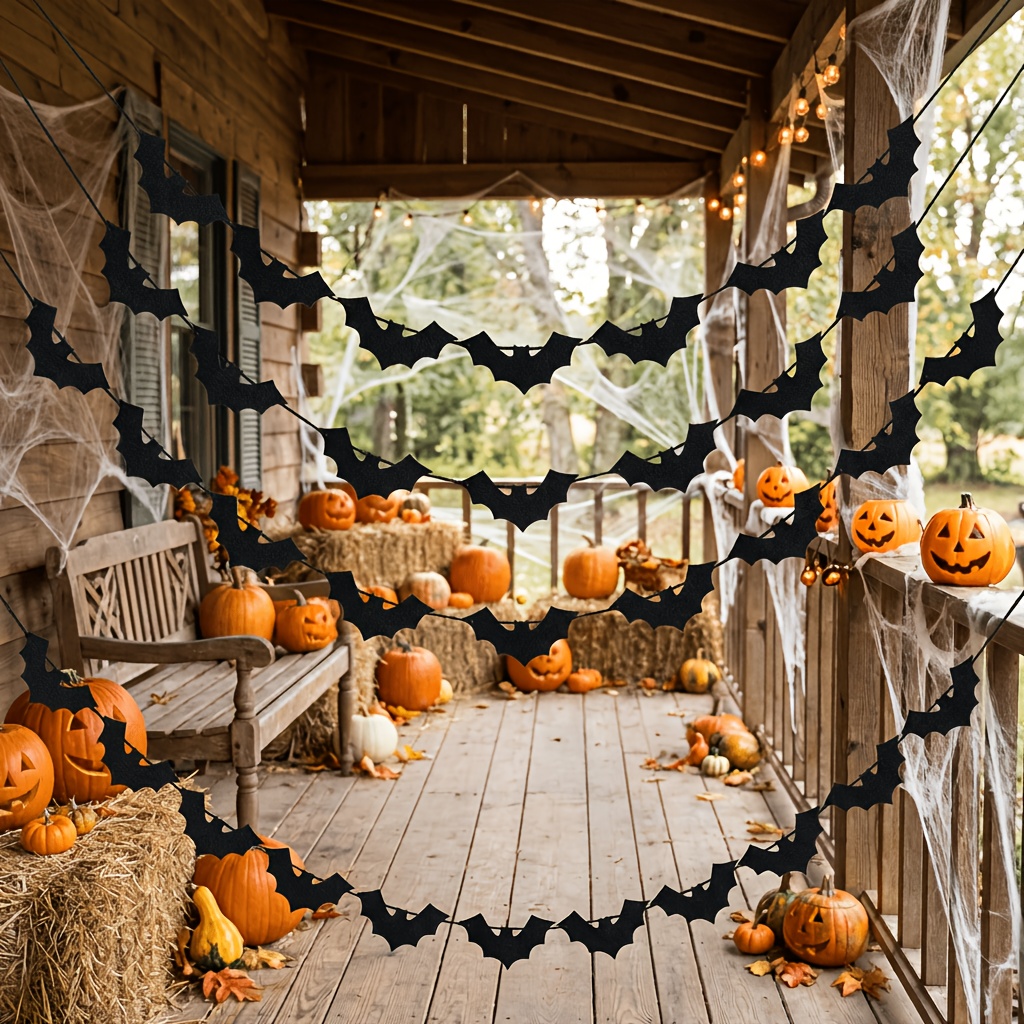 TEMU Guirlande de fanions en feutre avec chauves-souris pour Halloween, 30 pièces, 196 pouces - Décoration noire à suspendre pour fête d'Halloween,