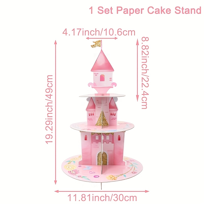 E-shop 1 Stück 3-stöckiger rosa Prinzessinnen-Schloss Cupcake-Ständer – Stabiler Papier-Kuchenhalter mit 3-stufiger Treppe für