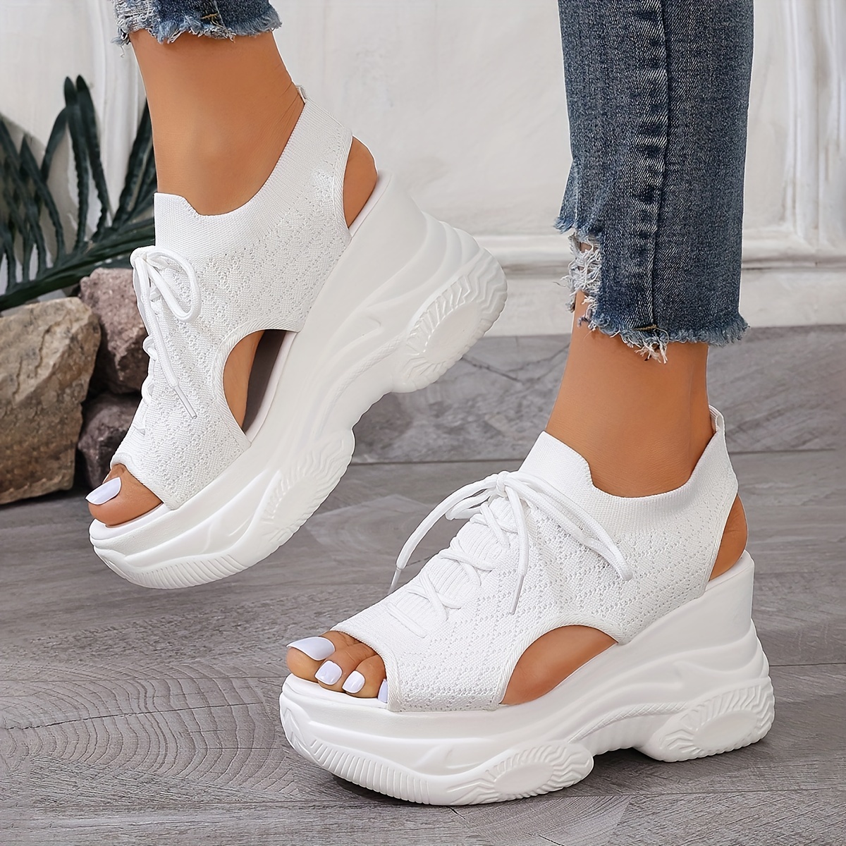 Women's Stylish Summer Platform Sandals - Black & White High Heel, Peep Toe, Cut-Out Design, Casual Beach Vacation Shoes, Breathable Fabric Upper, PU Cover Sole, Hand Wash or Dry Clean, Ladies Sandals