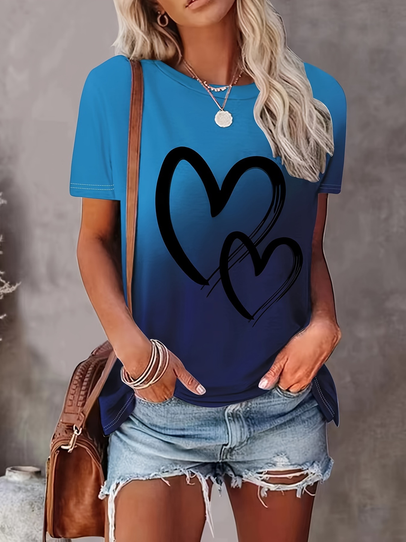 【2plan】Bullet Make Heart Short Sleeve Tee plus size heart print t shirt casual crew neck short sleeve
