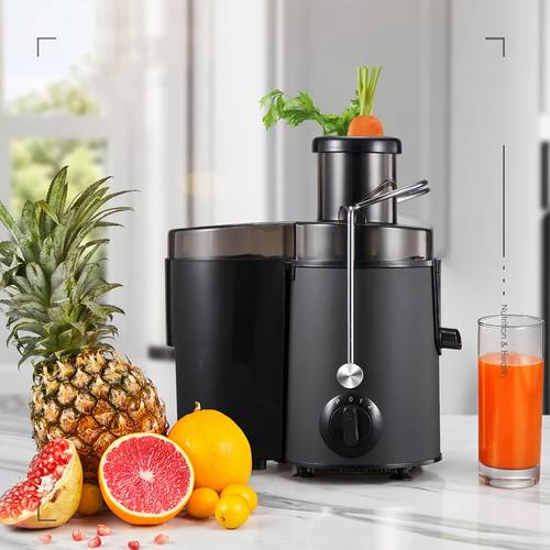centrifugal juicer with power suitable for fruits and vegetables made of stainless steel features easy to clean non slip feet anti drip function and overheating protection cleaning brush