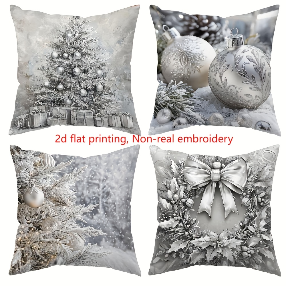 TEMU 4pcs, Silver Christmas Theme, Incorporating Christmas Wreaths, Christmas Balls, Christmas Trees, Christmas Gift Elements, 17.7 * 17.7 Inches,