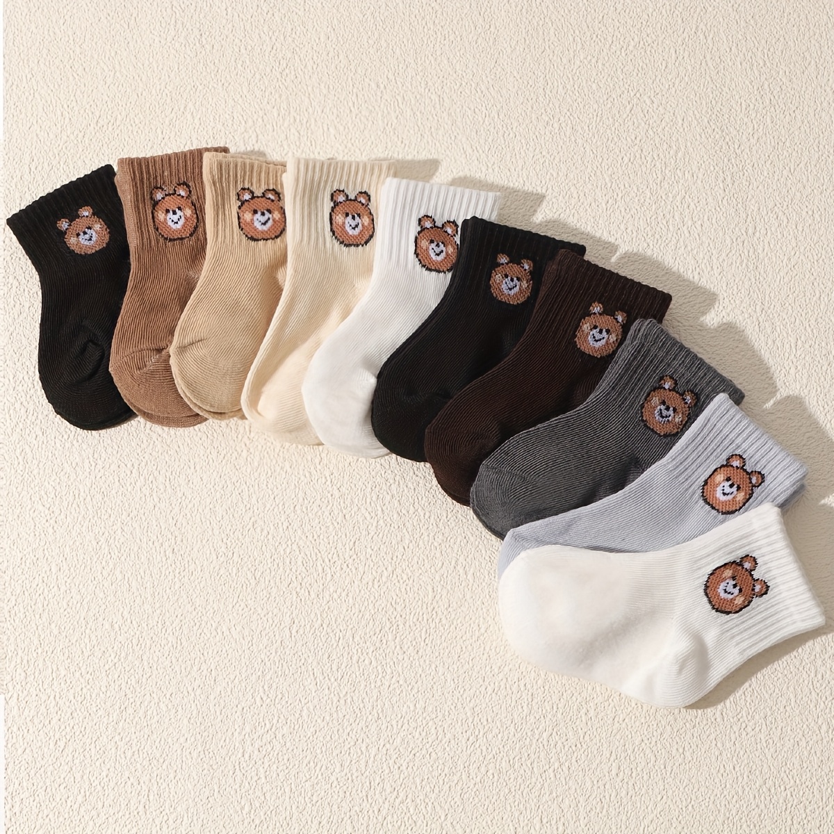 10 Pairs Of Cute Solid Color Baby Bear Mid-calf Socks