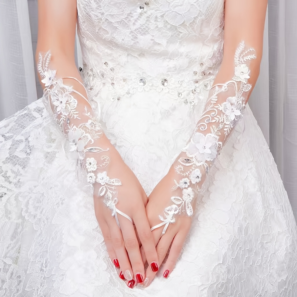 TEMU Bräutigenspitzenspitzen Weiße Hochzeitshandschuhe Braut Hochzeitshandschuhe Frühling Sommer Winter Lange Handschuhe