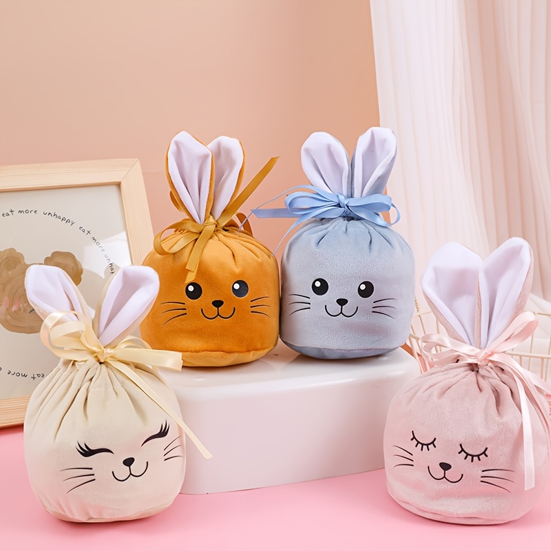 

de Pâques avec Cordon, Pochette en Polyester avec de Lapin et Nœud Doré, Tissu en Peluche, Mignonnes Caractéristiques Faciales & Moustaches, pour aux Œufs de Pâques, Cadeaux de Fête et Offres