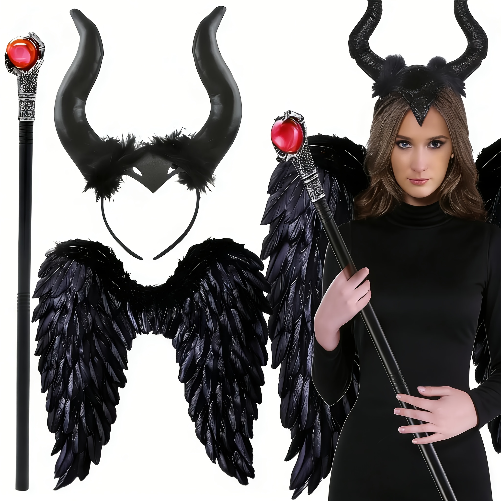 3pcs Black Fallen Costume Accessories Set, Including Wings Devil Horns Headband Cane