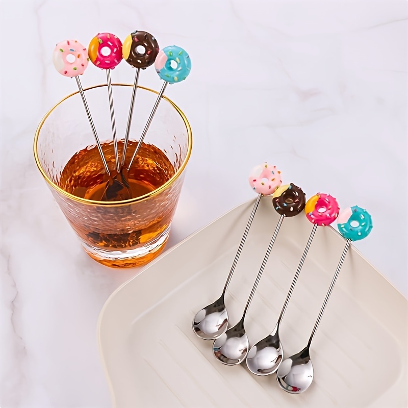 

4pcs Set Of Stainless Steel Donut & Dessert Spoons - Coffee, Ice Cream, And Cake Mixing - Favors & Kitchen Accessories