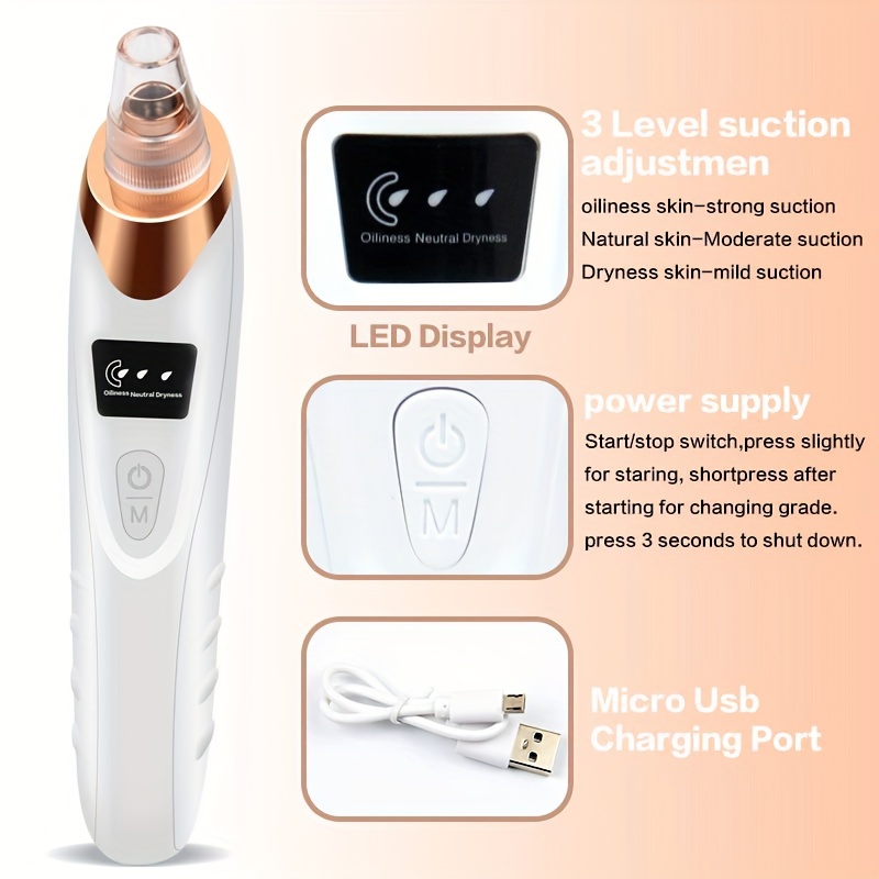 Clean Blackhead Reducer, 2025 Upgraded Facial Pore Cleanser, 3 Adjustable Suction Levels, 5 Replaceable Probes, USB Charging, Easy to Use and Clean, Ideal Gift for Women