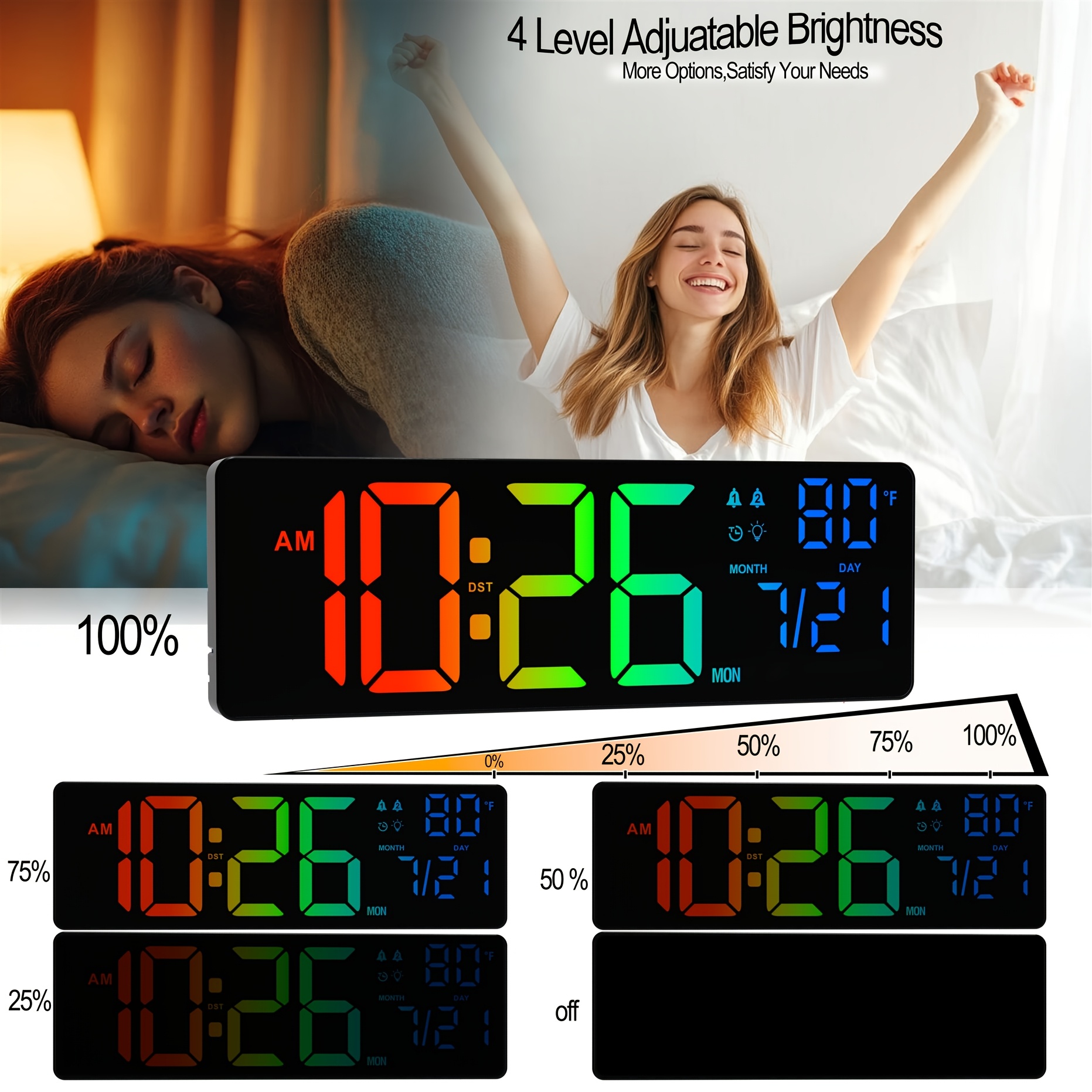 1pc 16 3 inch multifunctional large digital wall clock 7 rgb single colors 4 rgb gradient colors dual alarms with date and temperature display suitable for home decoration kitchen decoration and other settings Product details 3