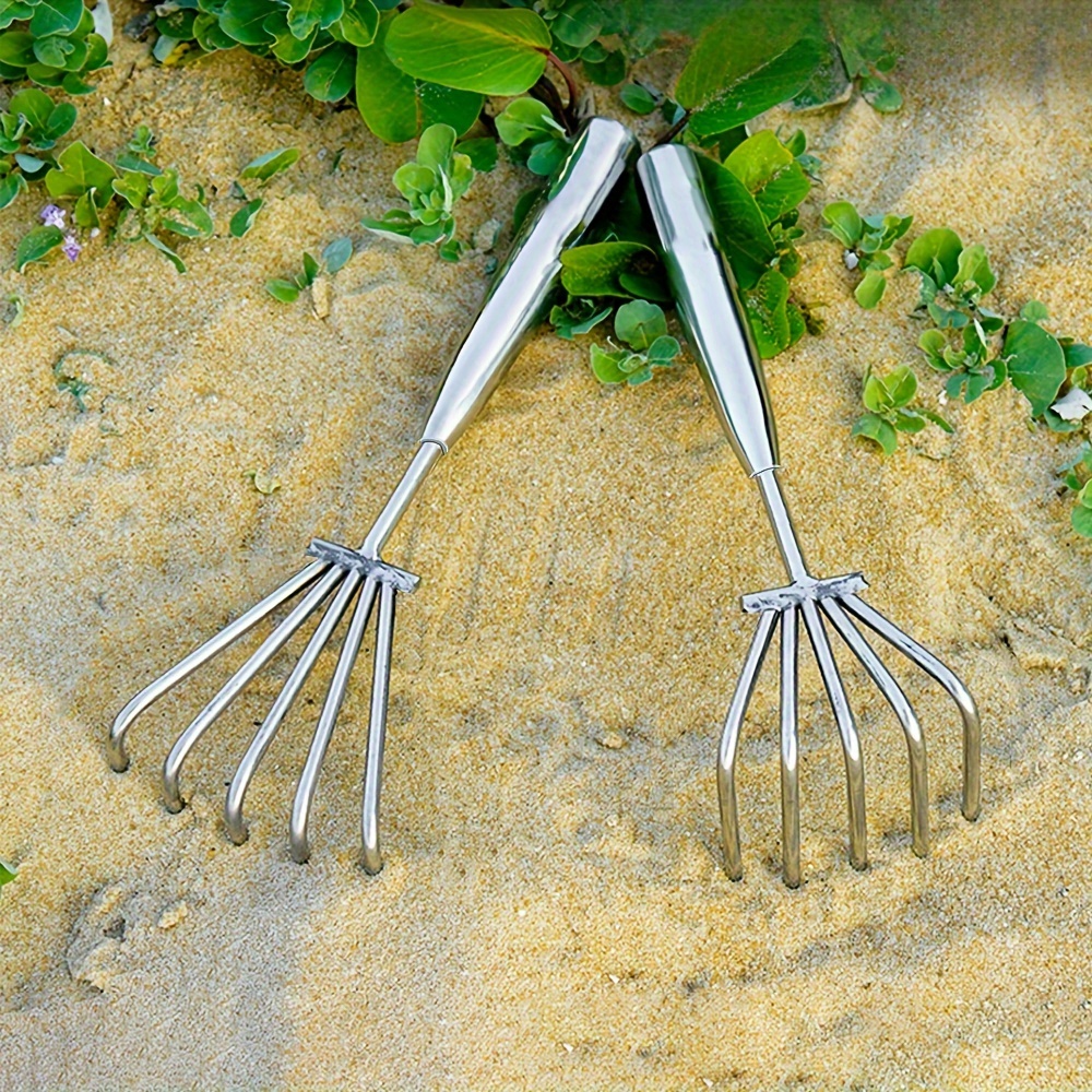 

1pc - Stainless Steel Garden Leaf Rake With 5 Powerful Sharp Teeth - Ideal For Lawn, Shrub, , Beach And Yard Cleaning - Leaves And Smooth Lawns - Beach Tool - Gardening Tool