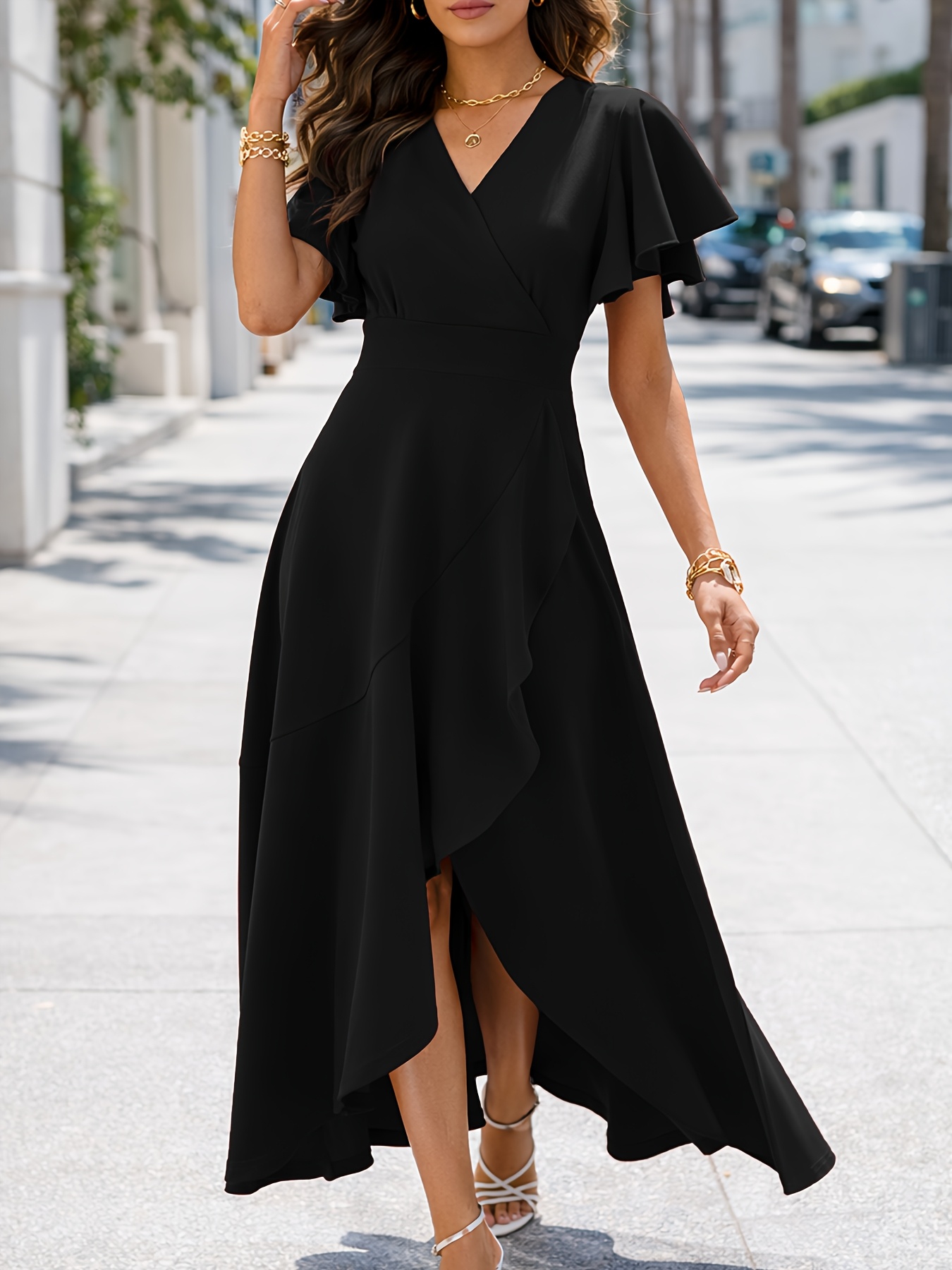 womens v neck irregular hem dress featuring a fitted bodice - Temu