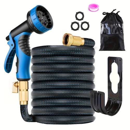 1 expandable garden hose 50ft 100ft blue 10 nozzles 3 4 connectors leak proof crush resistant kink free flexible water hose with abrasion resistant polyester vinyl for outdoor yard lawn garden use garden hose expandable lawn care outdoor watering ergonomic nozzle durable construction wearresistant material