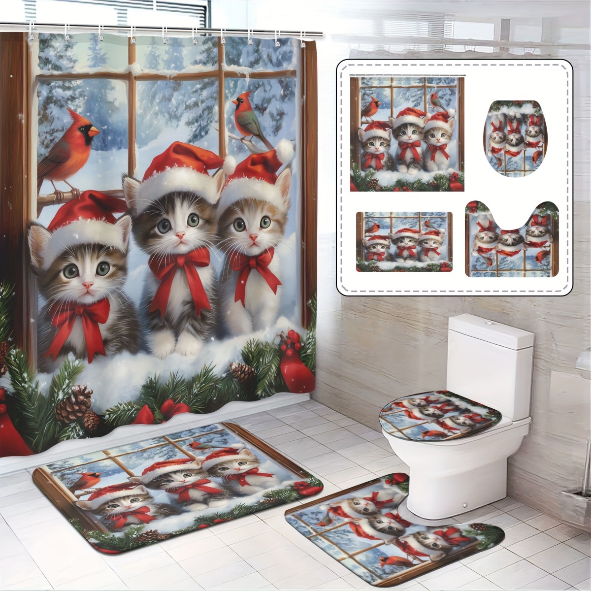 

Christmas Kittens With Red Scarves And Birds Shower Curtain Set, Polyester Woven Bath Mat With Hooks, Seasonal Home Decor, Washable, Anti-stain, For Bathroom Decor