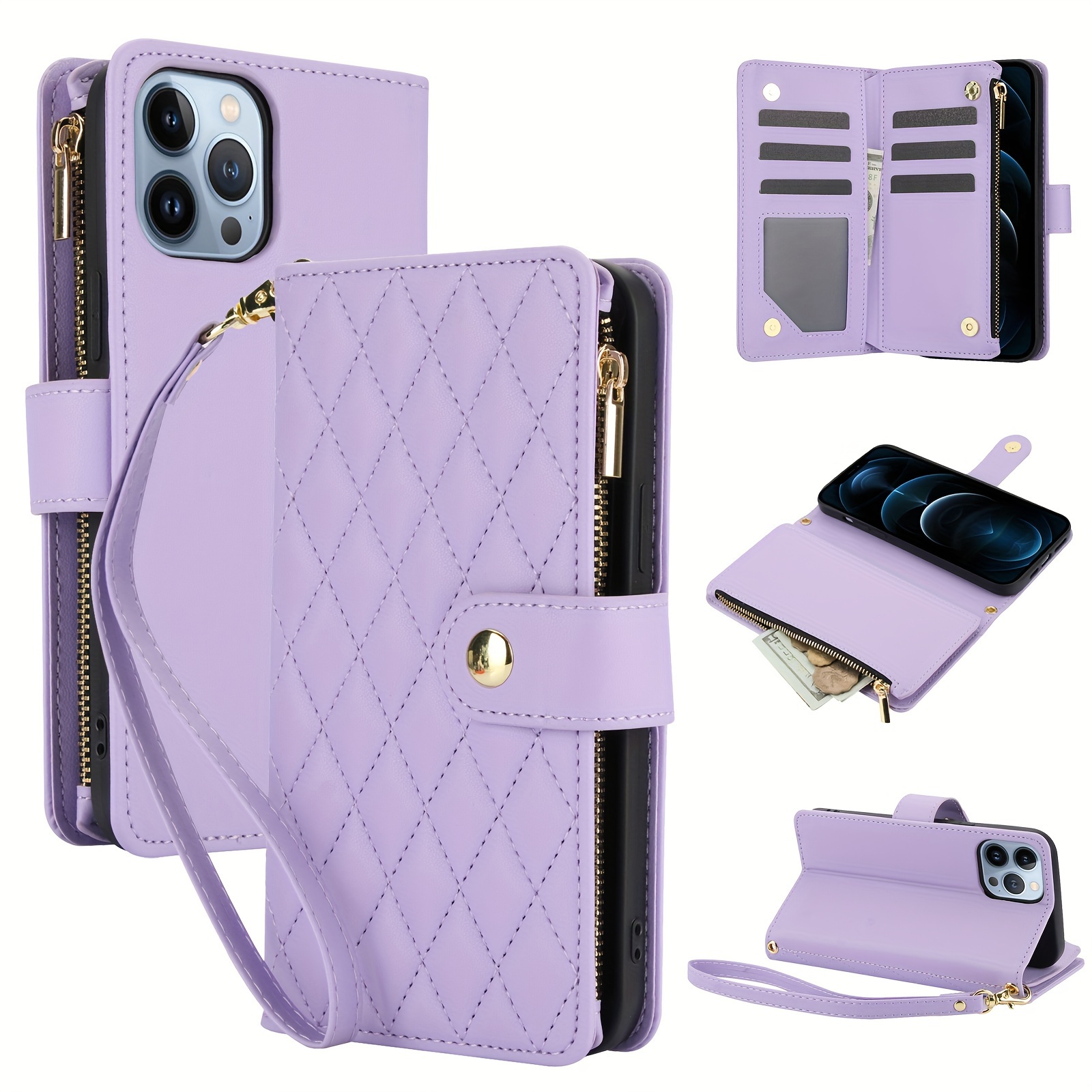 

For Iphone 14/14pro/14plus/14promax Wallet Case With Card Holder, For Women Men Phone Case Pu Leather Flip Shockproof Cover With Strap Zipper Pocket Credit Card Slots