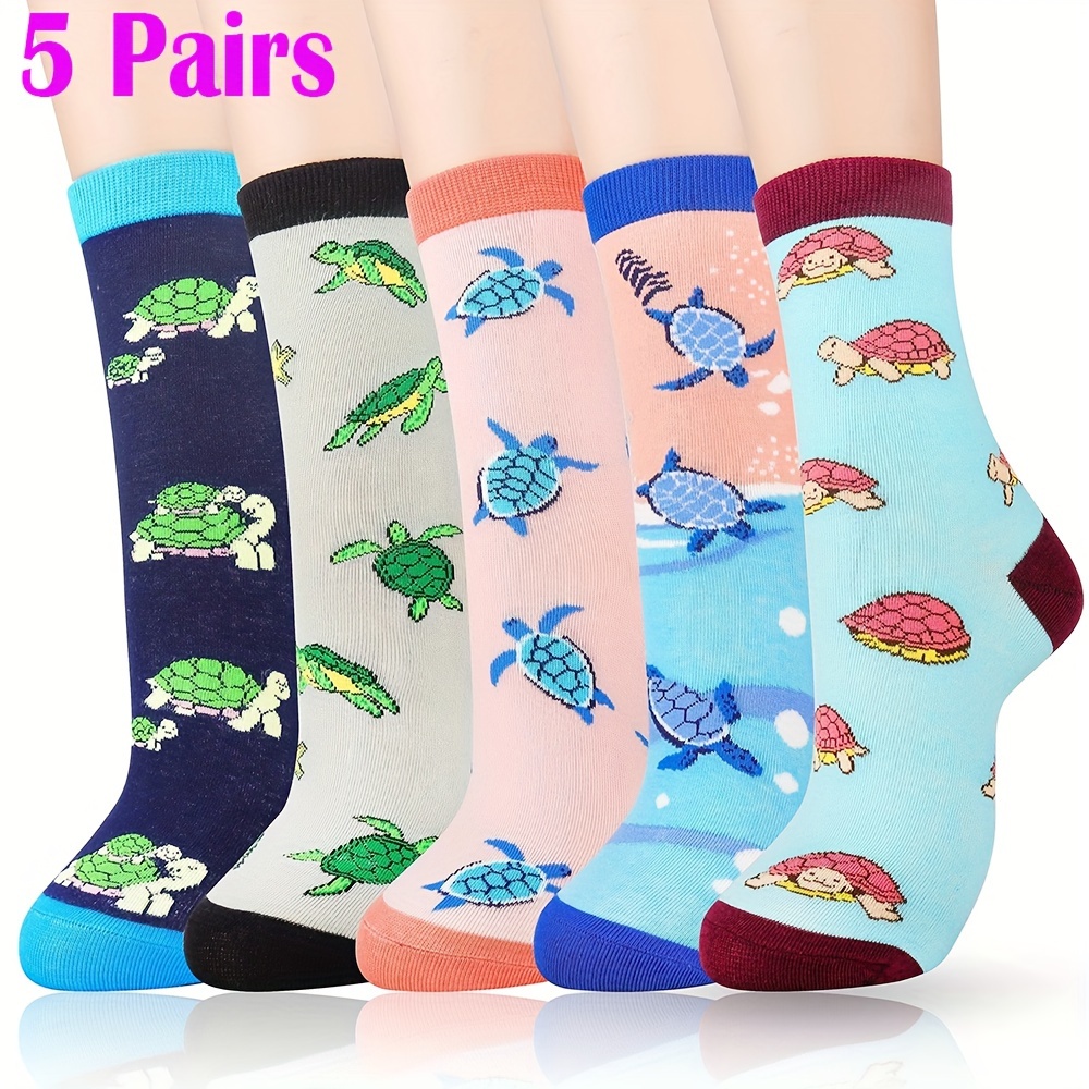 

5 Pairs Of Girl's Cute Turtle Pattern Crew Socks, Soft Breathable Comfy Socks For Daily Wearing, Creative Gift