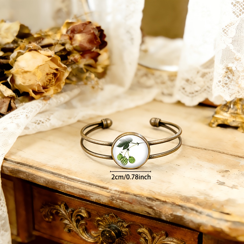 Antique Cyan Double-Layer Adjustable Opening Bracelet, Fresh Green Plant Design