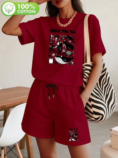 item picture Plus Size, Size Women s 2pcs TShirt Shorts Set, Letter Print Short Sleeve Top Elastic Waist Pockets Shorts, Casual SpringSummer Trendy Outfit