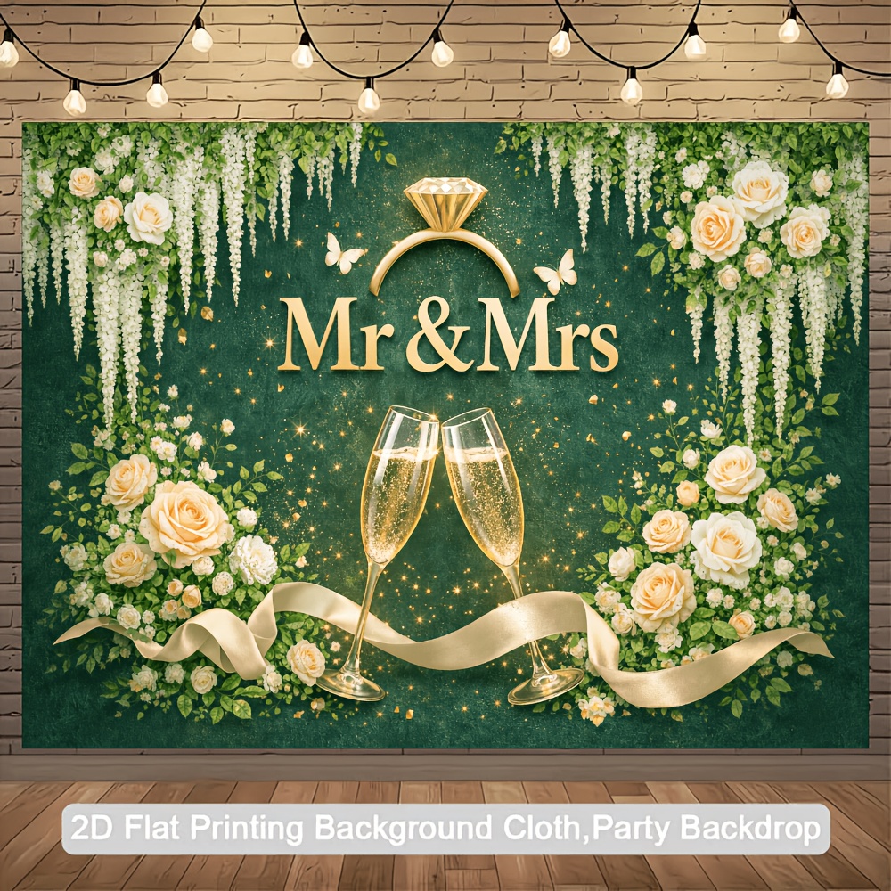 TEMU Wedding Banner Backdrop Suitable For Newlywed Decorations With Champagne Flutes, , White Floral & Greenery - Lightweight Suitable For