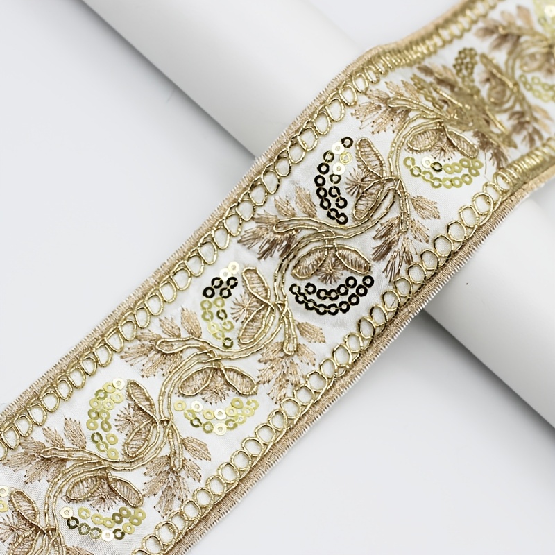 Heavy Duty Sequined Golden Thread Embroidered Ribbon