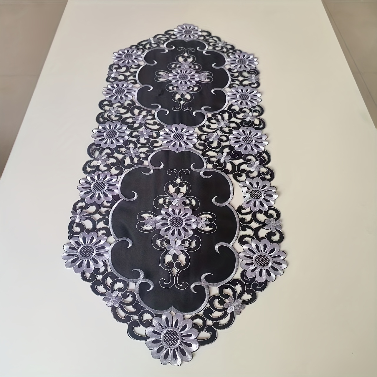 Solid Color, Black, White Line, Embroidered Flowers, Hollowed Out Embroidery, Tablecloth, Table Flag, Family , Tea Table Decoration