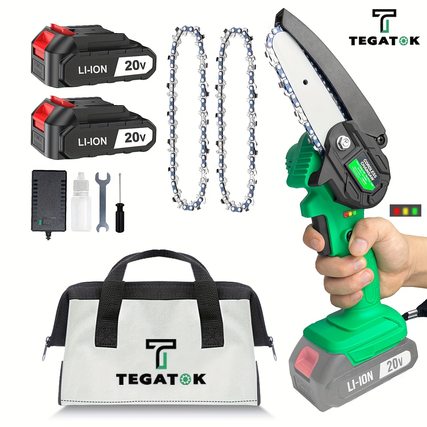 

Tegatok Mini 4in Chainsaw Cordless, Handheld Mini Chain Saw For Wood Cutting Tree Trimming, Battery Powered Electric Chainsaw, With 2 Batteries