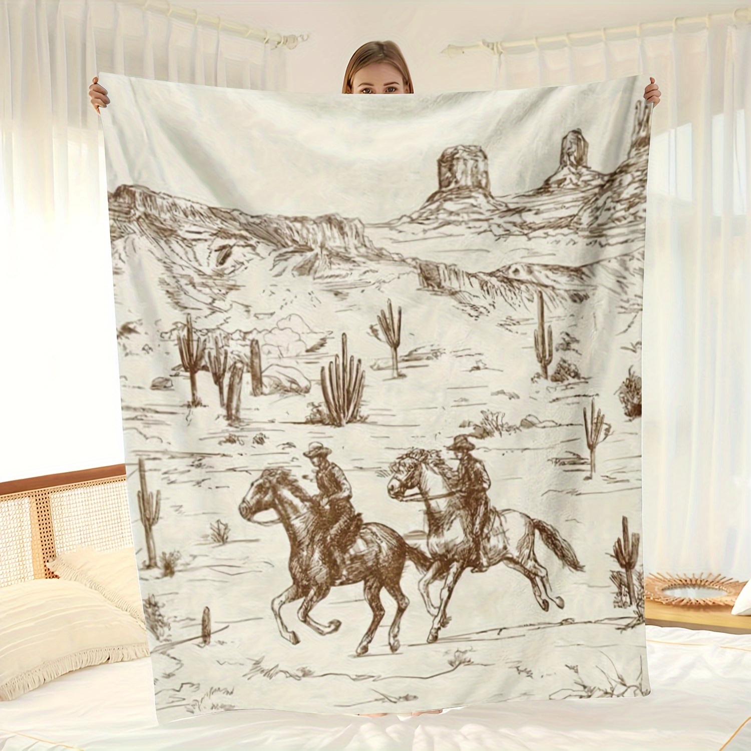

Vintage Western Cowboy Sketch Soft Flannel Blanket - Perfect Gift For Good Friends, All-season Knitted Polyester Throw, Digital Print, 200-250g Fabric Weight, Ideal For Bedding - 1pc