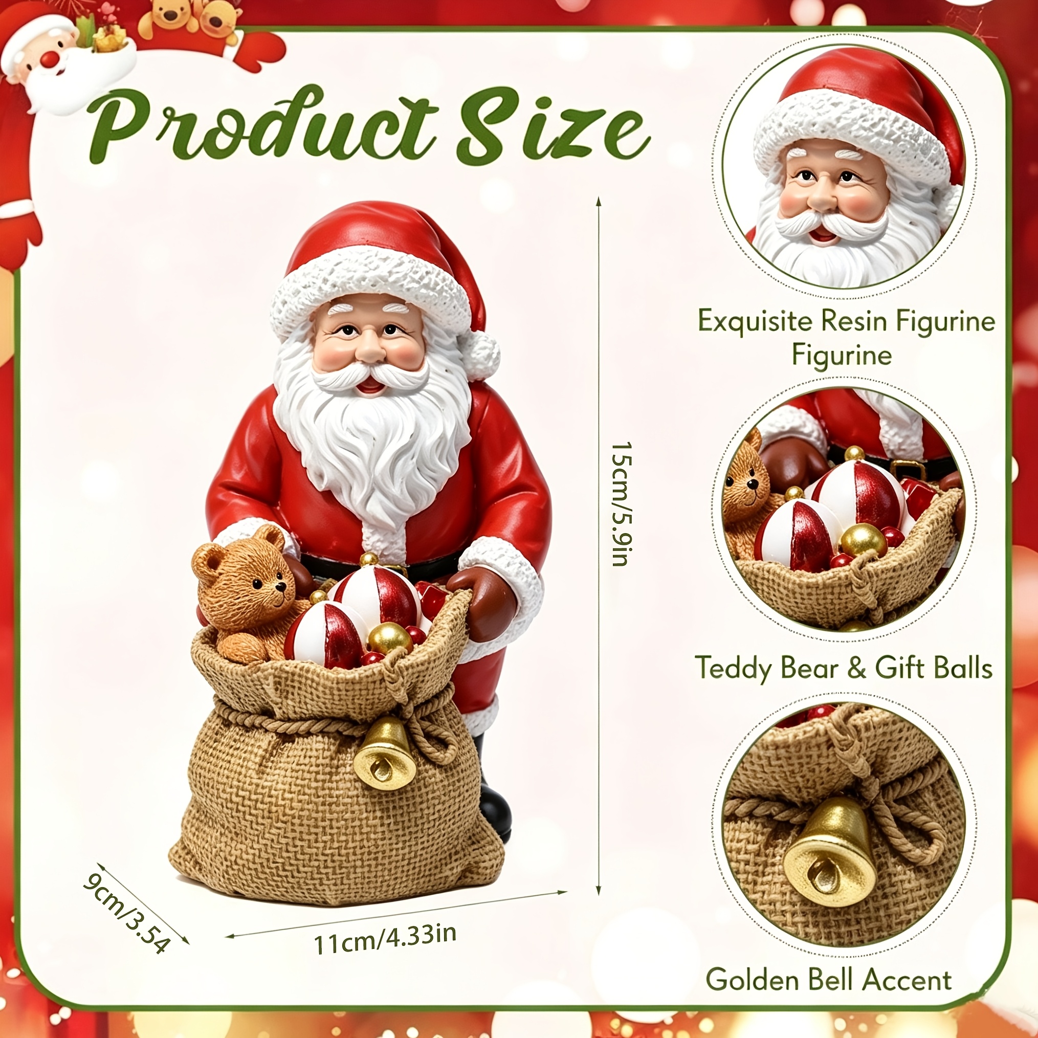 TEMU 1pc Resin Christmas Tree Ornaments - Adorable Santa Claus With Big Beard And Bear Bell Decorations, Winter Christmas Table Decor, Perfect For