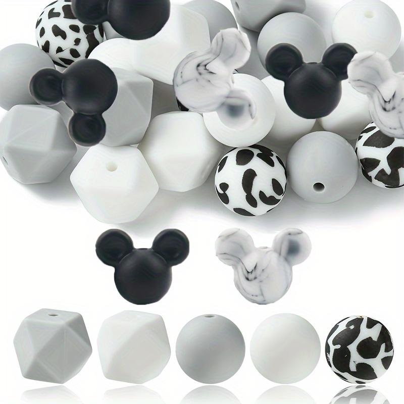 

51pcs Grey Series Leopard Mouse Focus Silicone Spacer Beads Diy Beading Pen Key Chain Handmade Craft Necklace Bracelet Jewelry Making Decoration Supplies