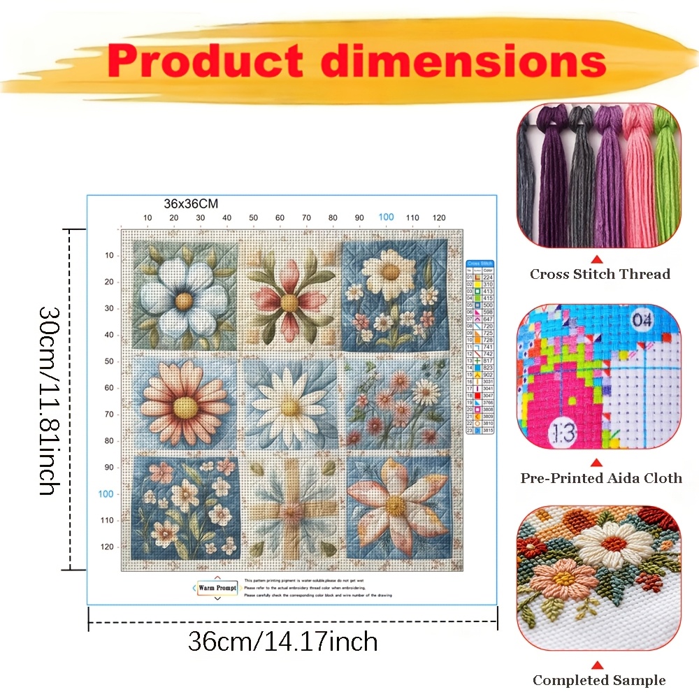 9-Grid Patchwork Daisy Theme Printed Cross Stitch Kit