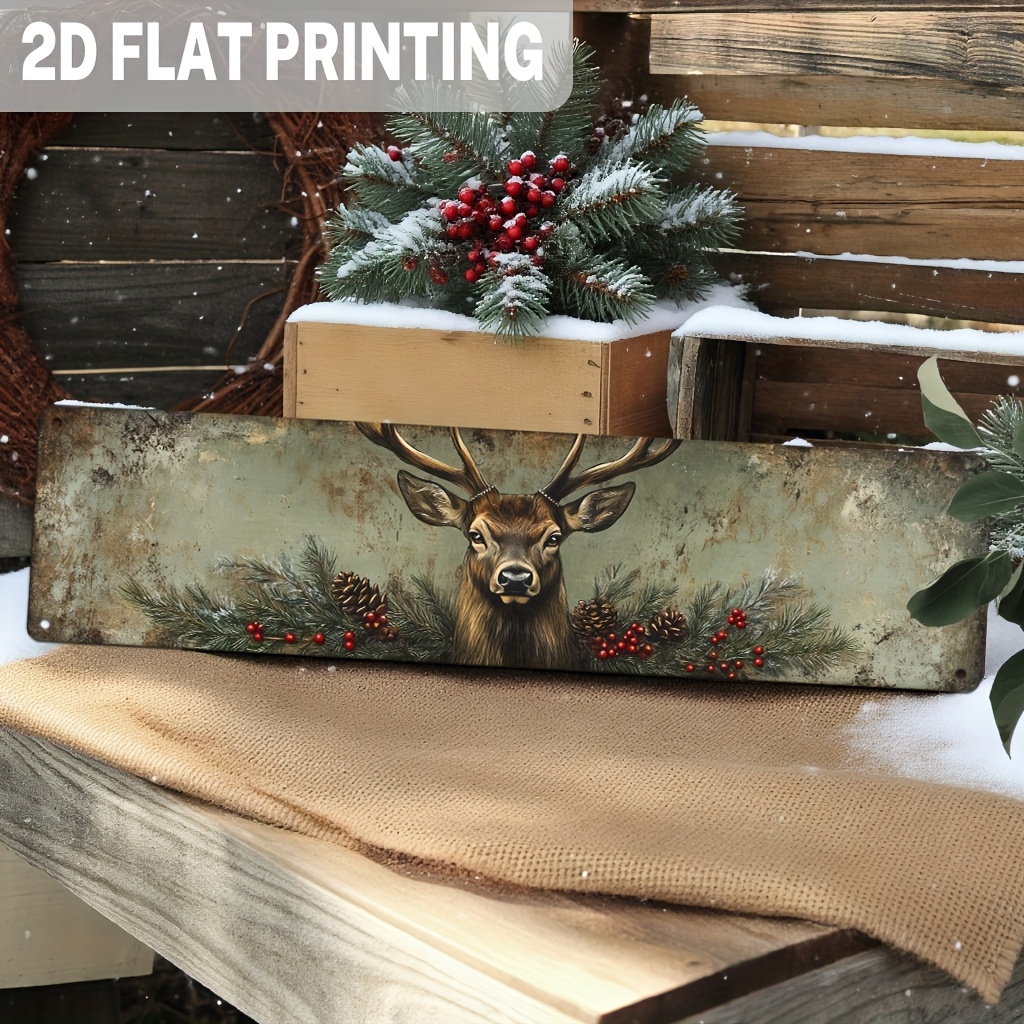 TEMU 2d Flat, 1pc, Vintage Deer Artwork Metal Sign, Rustic Christmas Deer With Pine Branches And Berries, Wall Art, Farmhouse Style Wall Decor For