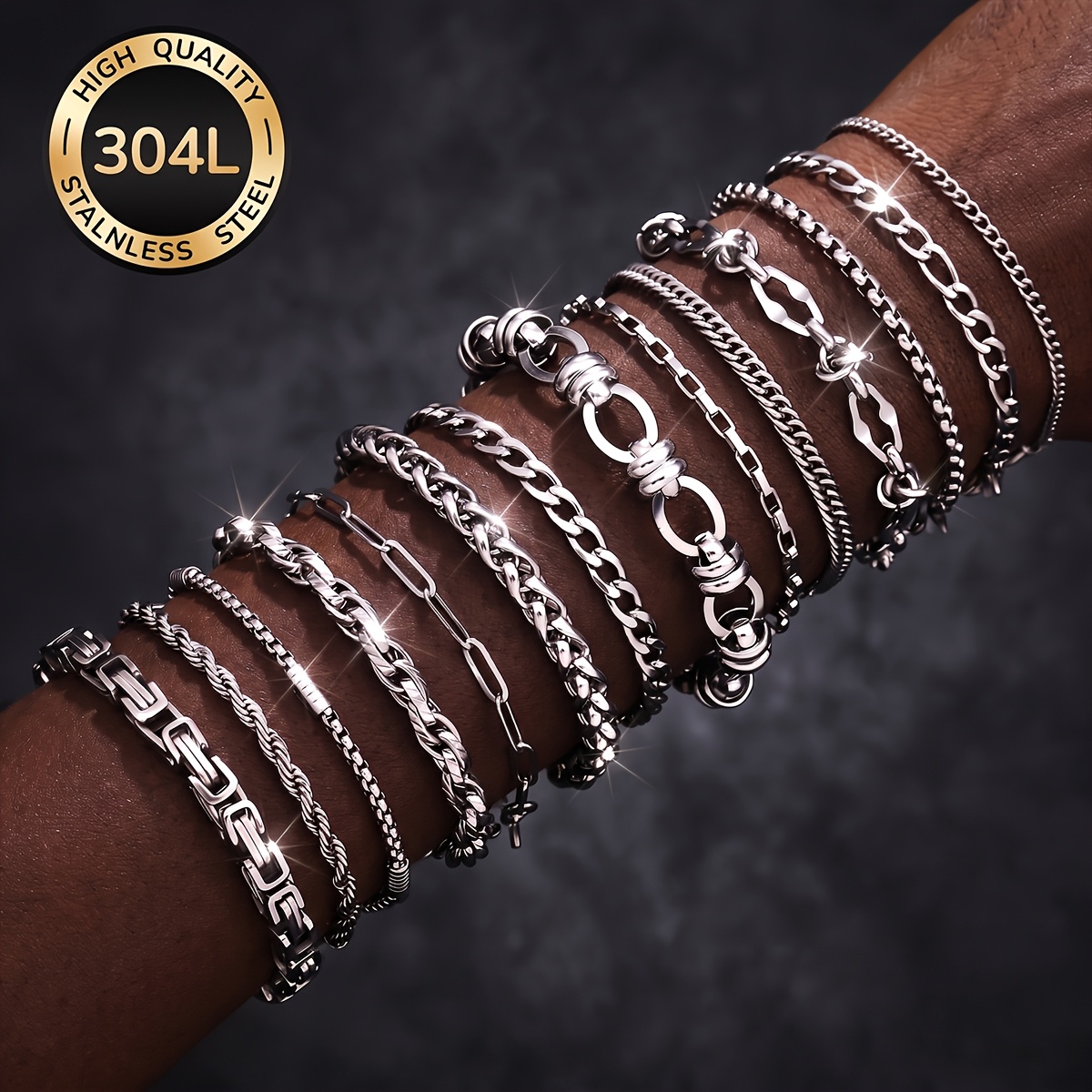 TEMU Random 6pcs Set Of 304l High-quality 304l Stainless Steel Bracelets, Waterproof And , Suitable For Men's Wear. Men's Jewelry Set, Fashionable