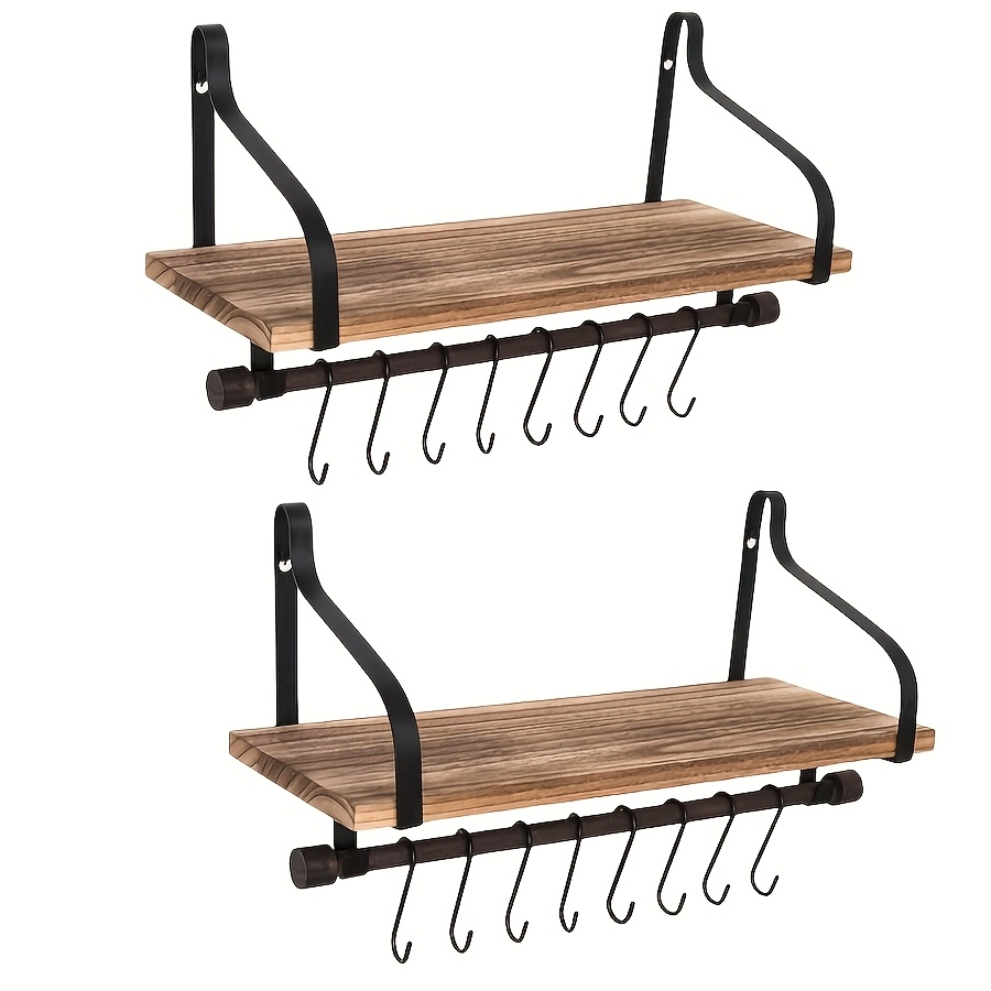 Suspended Storage Rack, Rustic Wooden Shelf With 8 Hooks, Coffee Bar Display Stand, Kitchen Spice Rack, Wall-mounted Shelf, Floating Shelves