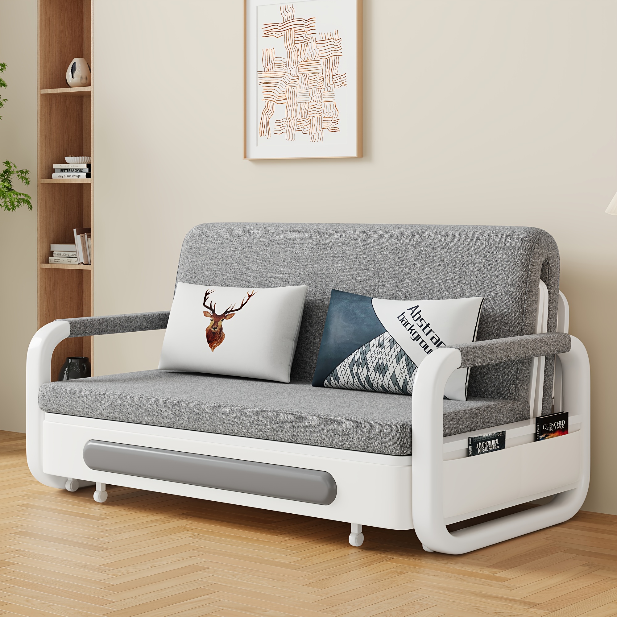 Bensorefurniture Two-seater Convertible Sofa With Slatted Bed Frame And Mattress, Storage Space, Gray-white End Suitable For Modern Decor (150cm)
