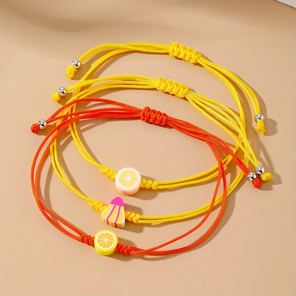 3pcs Women's Braided Bracelet Set with Adjustable Grapefruit