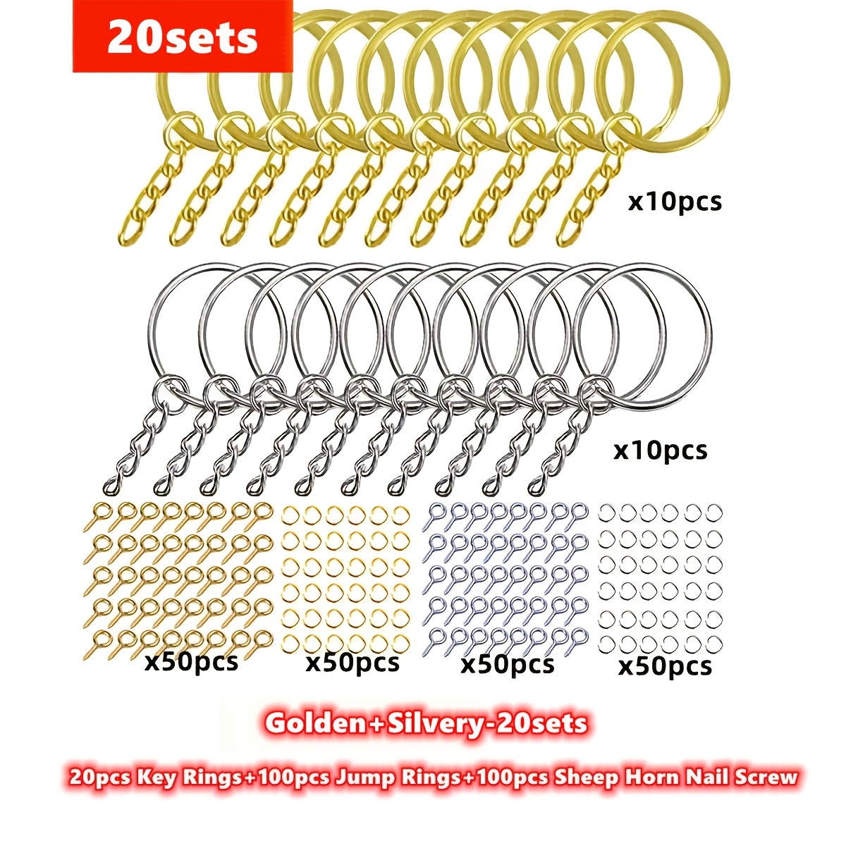 TEMU 20sets (20pcs Key Rings And 100pcs Jump Rings And 100pcs Sheep Horn Nail Screws) Metal Keychains With Split Ring Link Silvery Golden Color