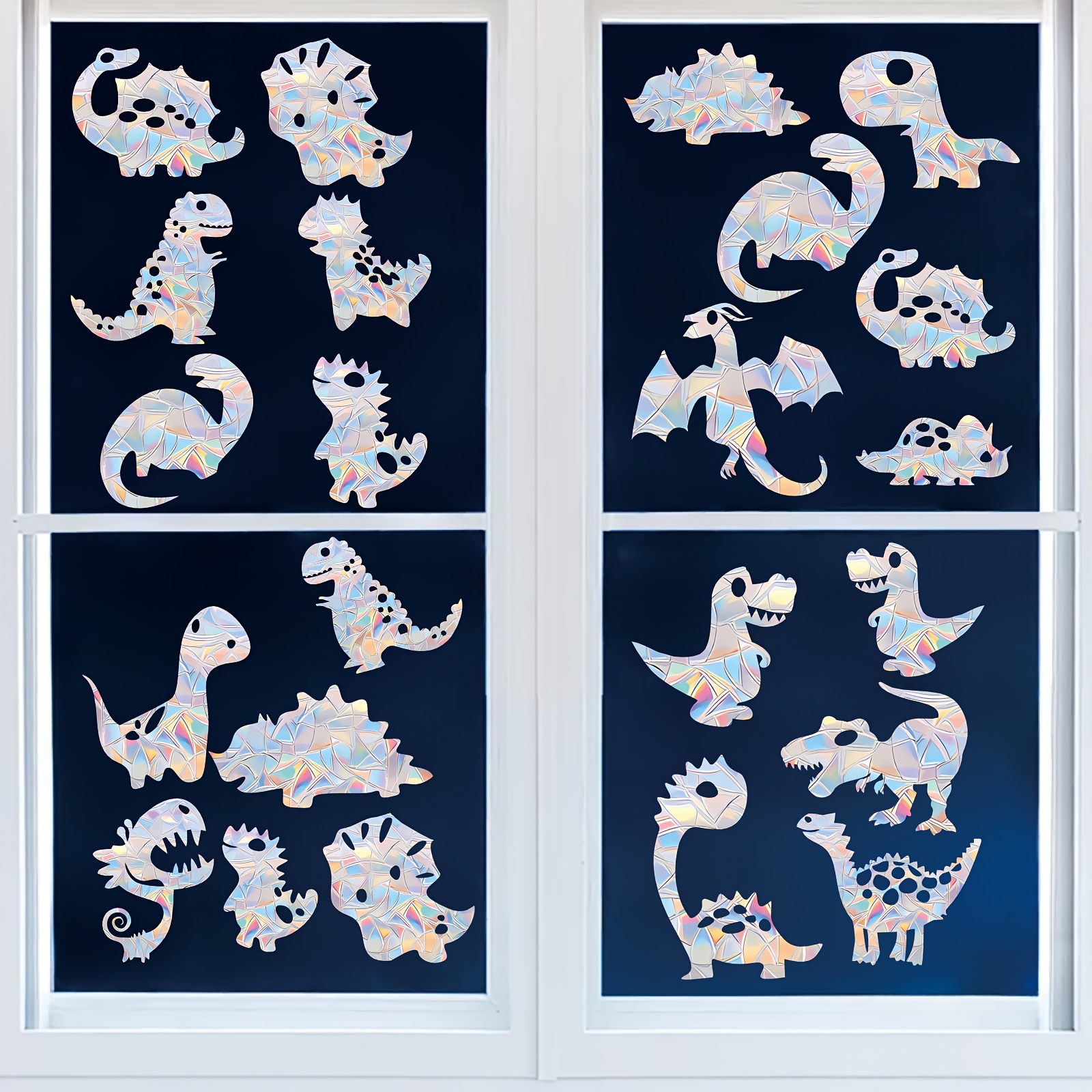 20pcs Dinosaur Vinyl Window Clings - Art , Thick, Static Cling Mount, Bird Collision Prevention, Non-adhesive Prism Film, Rainbow Sticker Decor